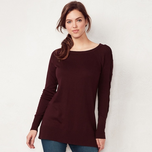 Lauren Conrad Plum Lace-Up Sleeve Tunic Sweater - Picture 2 of 4
